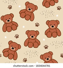 Brown teddy bear seamless pattern vector illustration. Cute brown bear cartoon