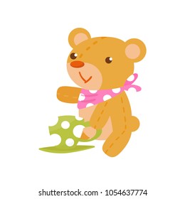 Brown teddy bear sitting with cup, tea time cartoon vector Illustration on a white background