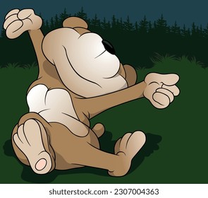 Brown Teddy Bear Sitting on the Ground with his Arms Raised is Stretching - Colored Cartoon Illustration with Background, Vector