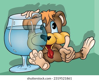 Brown Teddy Bear Sitting on the Ground Behind a Large Glass of Water - Colored Cartoon Illustration with Background, Vector