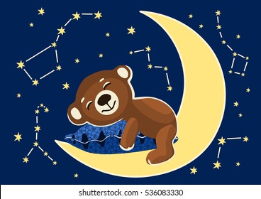Brown Teddy Bear sleeping on a blue decorated pillow at the yellow crescent moon surrounded by star constellations in the deep blue night sky; pillow, towel, apron, wallpaper or pajamas pattern print