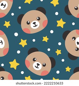 brown teddy bear sweet face with yellow stars and dots, kids seamless pattern background, deep blue color vector design for wrapping paper, fabric and textile print.