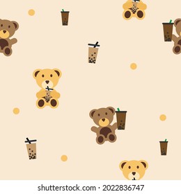 brown teddy bear and yellow teddy bear drinking Boba tea fabric seamless cute pattern