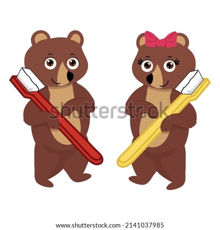 brown teddy bears couple holding a toothbrush, teddy bears illustration in cartoon style.