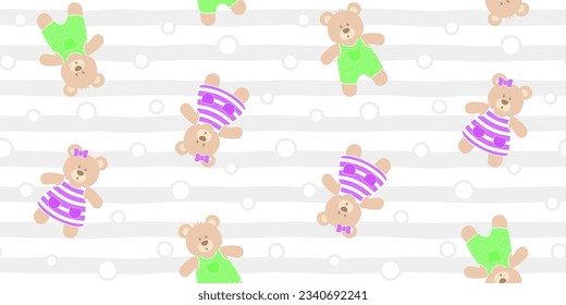Brown teddy bears in a green bodysuit and purple dress on a gray and white striped background with circles. Kids endless texture with cute animals in funny clothes. Vector seamless pattern for print