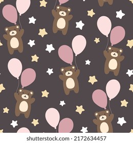 osos de peluche marrón en el cielo con globos, estrellas, fondo de patrón sin fisuras, diseño textil y de tejidos, motivos de papel envolvente, textura de cubierta de regalo, decoración de papel pintado a mano