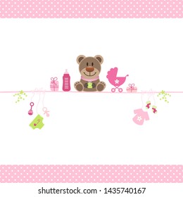 Brown Teddy And Girl Baby Icons Dots Border Pink
