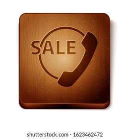 Brown Telephone 24 hours support icon isolated on white background. All-day customer support call-center. Full time call services. Wooden square button. Vector Illustration