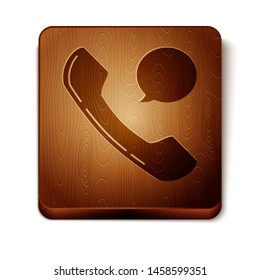 Brown Telephone handset and speech bubble chat icon isolated on white background. Phone sign. Wooden square button. Vector Illustration