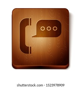 Brown Telephone with speech bubble chat icon isolated on white background. Support customer service, hotline, call center, faq, maintenance. Wooden square button. Vector Illustration