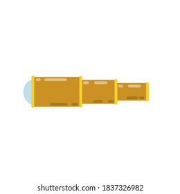 Telescopio marrón. Objetos retro para investigación. Dibujo plano de caricatura. Buscar tesoro pirata, viajes y descubrimiento. Dibujo plano aislado en blanco
