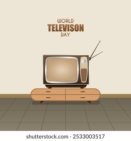 A brown television on a sideboard with a light brown background, suitable for World Television Day