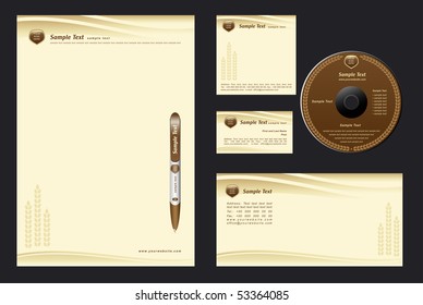 fondo vectorial de plantilla marrón con conos para el depósito - en blanco, tarjeta, cd, papel de nota, sobre, pluma