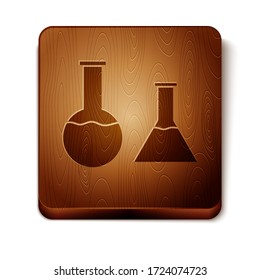 Brown Test tube and flask icon isolated on white background. Chemical laboratory test. Laboratory glassware. Wooden square button. Vector Illustration