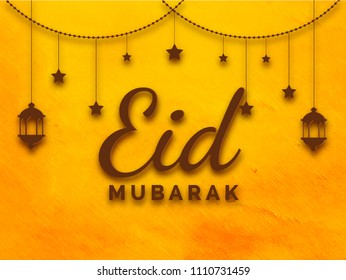 Brown text Eid Mubarak and hanging lanterns, stars, bunting lights on grungy background. Poster or Banner Design.