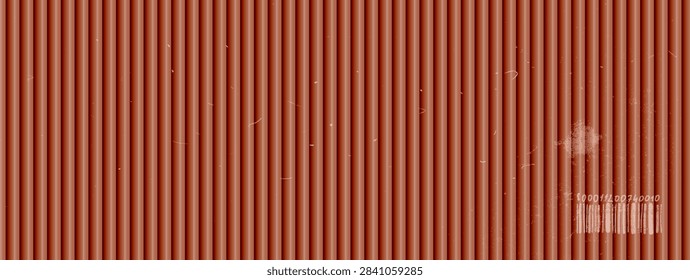 Brown texture covers a container panel with corrugated metal ribs. Fluted grooves show pale scratches and dirty patches. Wide vector container texture for promo grunge poster or advertising banner.