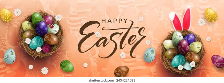Brown texture illustration with Easter eggs in the nest and rabbit ears.