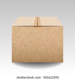 Brown textured closed carton delivery packaging box isolated on grey background. Vector illustration