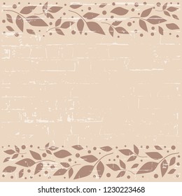 Brown textured square background with decorative stripes align top and below with brown leaves and dots for decoration, scrapbooking paper, sheet of book or notebook, wedding invitation, greeting card