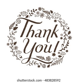 Brown thank you handwritten script vector illustration isolated on a white background with leaves and flowers