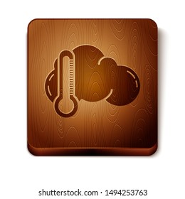 Brown Thermometer and cloud icon isolated on white background. Wooden square button. Vector Illustration