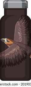 A brown thermos bottle with hawk pattern illustration