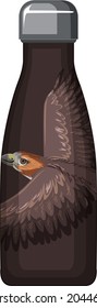 A brown thermos bottle with hawk pattern illustration