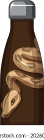 A brown thermos bottle with snake pattern illustration