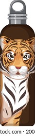 A brown thermos bottle with tiger pattern illustration