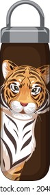 A brown thermos bottle with tiger pattern illustration