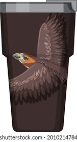 A brown thermos flask with hawk pattern illustration