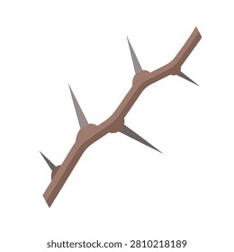 Brown Thorny Branch with Sharp Spikes and Prickles Isolated on White Background for Graphic Design