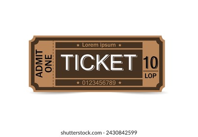 Brown ticket to the cinema, theater, and circus. Ticket on white background.