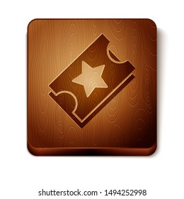 Brown Ticket icon isolated on white background. Amusement park. Wooden square button. Vector Illustration