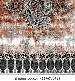 Brown Tie Dye Distress Background with Silver Motif - Paisley elements and border on bottom