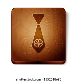 Brown Tie with four leaf clover icon isolated on white background. Necktie and neckcloth symbol. Happy Saint Patricks day. Wooden square button. Vector Illustration