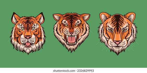 brown tiger head vector illustration consisting of three images