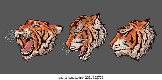 brown tiger head vector illustration with shading and consisting of three images