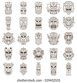 Brown Tiki Head Line Art Set