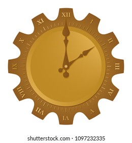 Brown time indicator. Wall clock from a gearwheel  with a gold dial and a gold rectangle of gold circles with hands white background 