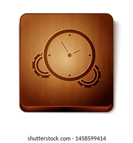 Brown Time Management icon isolated on white background. Clock and gear sign. Productivity symbol. Wooden square button. Vector Illustration