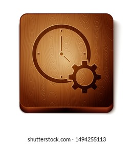 Brown Time Management icon isolated on white background. Clock and gear sign. Productivity symbol. Wooden square button. Vector Illustration