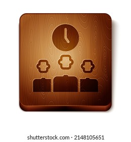 Icono de Administración de tiempo marrón aislado en fondo blanco. Señal de reloj y marcha. Símbolo de productividad. Botón cuadrado de madera. Vector
