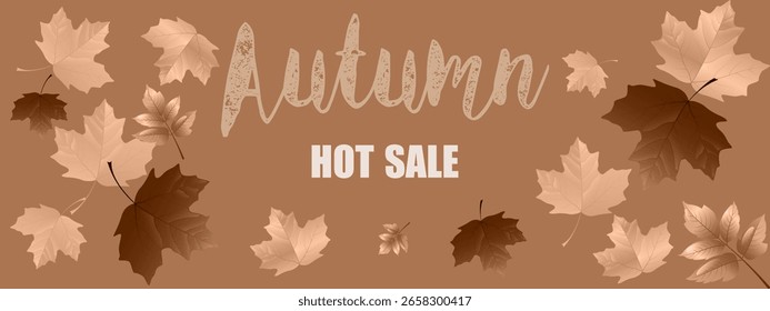 hojas de arce y ceniza de montaña teñidas de color marrón, con las palabras otoño y venta sobre un fondo marrón. Primer plano, aislado, largo. Elemento de diseño