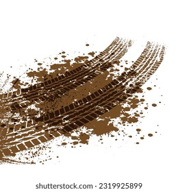 Brown tire track isometric perspective silhouette with dirt mud stain isolated on white background