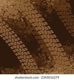 Brown tire tracks silhouette isolated on dark background with grunge and cracks texture