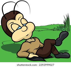 Brown Tired Cricket Falling Asleep Leaning on his Elbows on the Ground - Colored Cartoon Illustration with Background, Vector