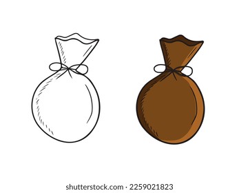 Brown tissue bag with string and bow with money coins in black isolated on white background. Hand drawn vector sketch illustration in engraved vintage outline style. Wealth, package, gift, jewellery