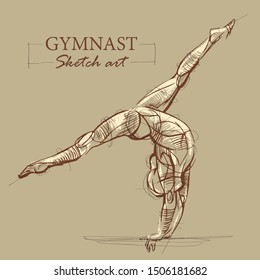 Brown toned modern stylized sketch of a curly gymnastics, acrobatics with a muscular body, vector illustration