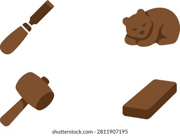 Brown tools and a sleeping bear figurine on a white background, showcasing craftsmanship
